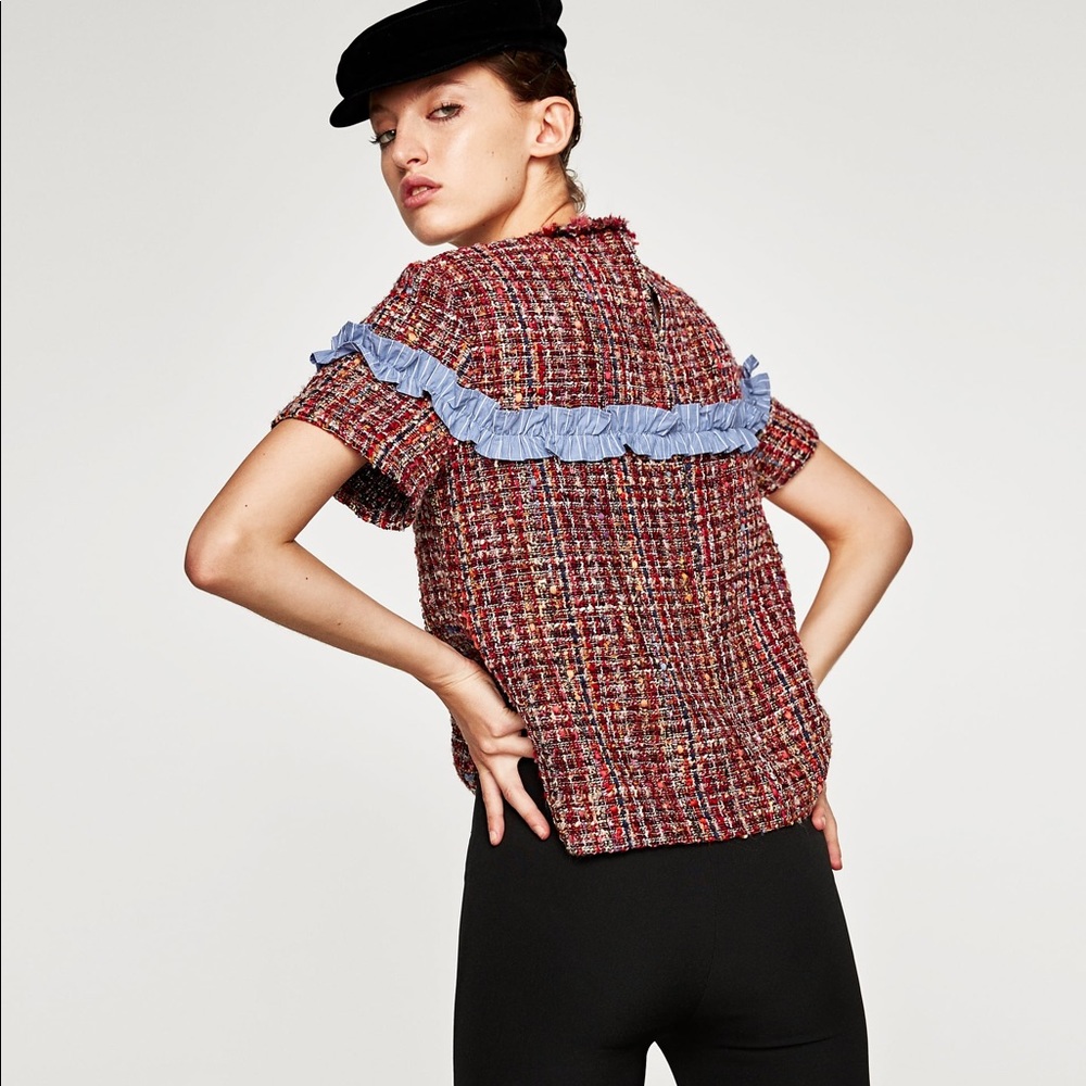ZARA Tweed Top With Contrasting Ruffle - Picture 3 of 6
